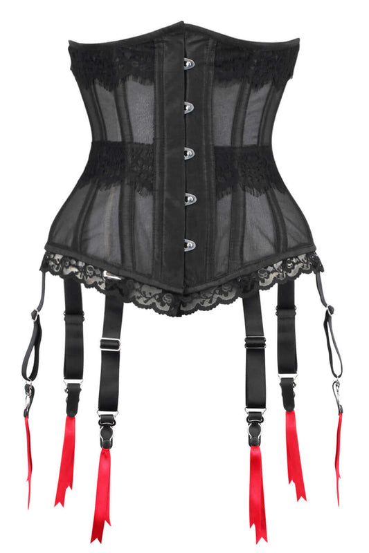 Black Mesh Waist Taming Underbust With Lace Trim And Suspender Clips