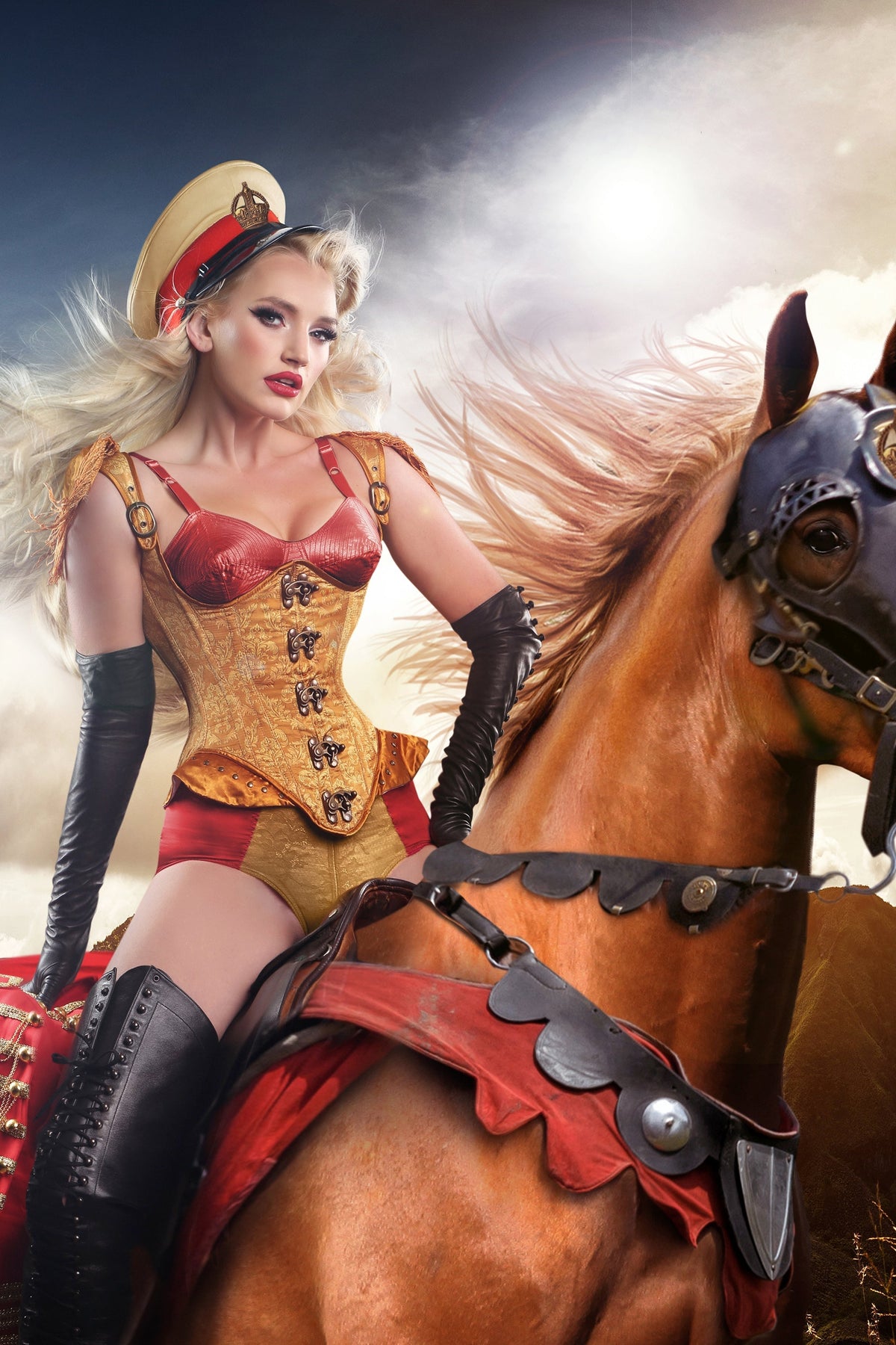 Golden Steampunk Underbust Corset With Hip And Shoulder Detail