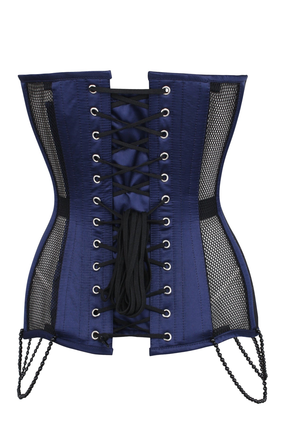 Navy Blue With Black Mesh And Lace Appliqué Waist Taming Overbust Corset