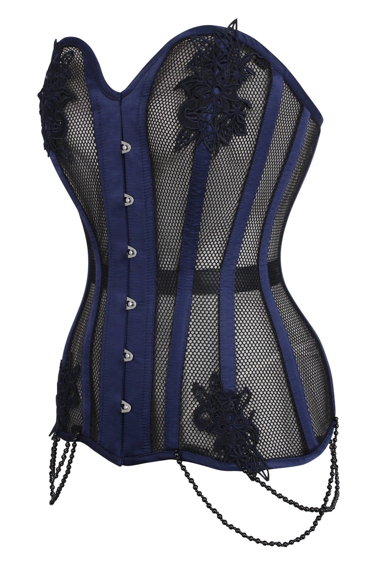 Navy Blue With Black Mesh And Lace Appliqué Waist Taming Overbust Corset