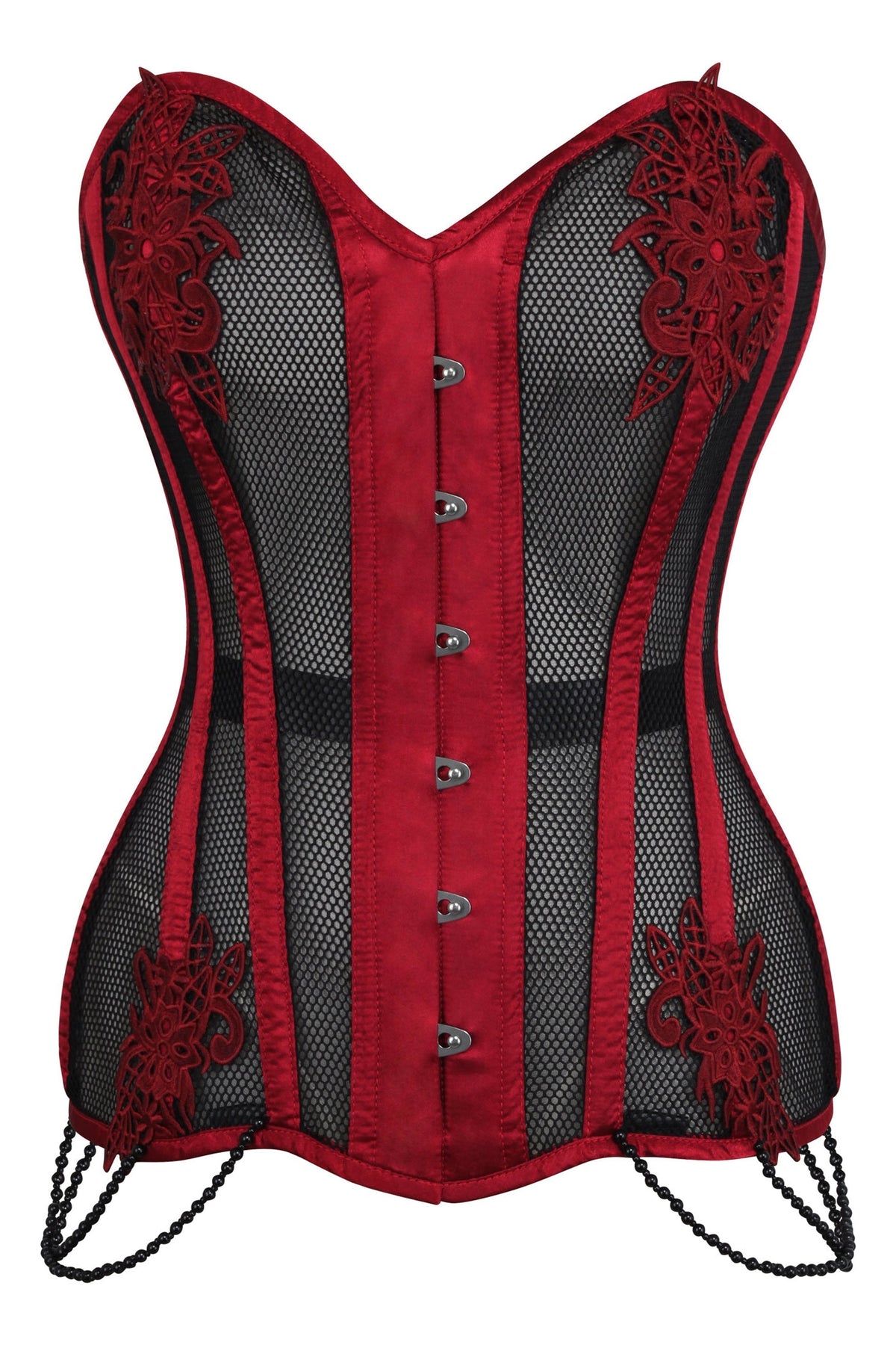 Burgundy With Black Mesh And Lace Appliqué Waist Taming Overbust Corset