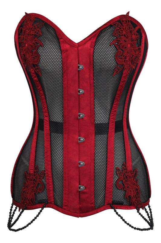 Burgundy With Black Mesh And Lace Appliqué Waist Taming Overbust Corset