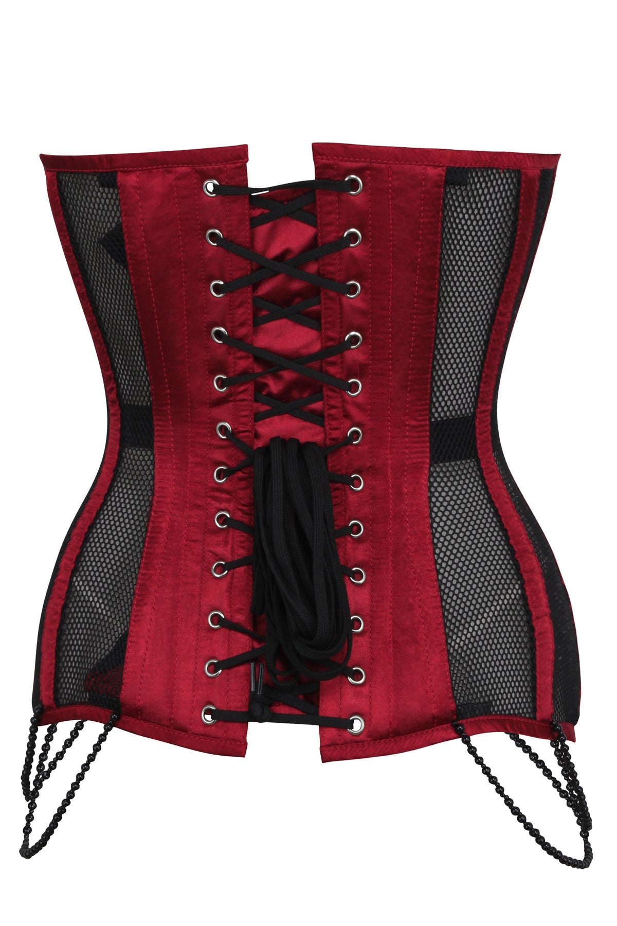 Burgundy With Black Mesh And Lace Appliqué Waist Taming Overbust Corset