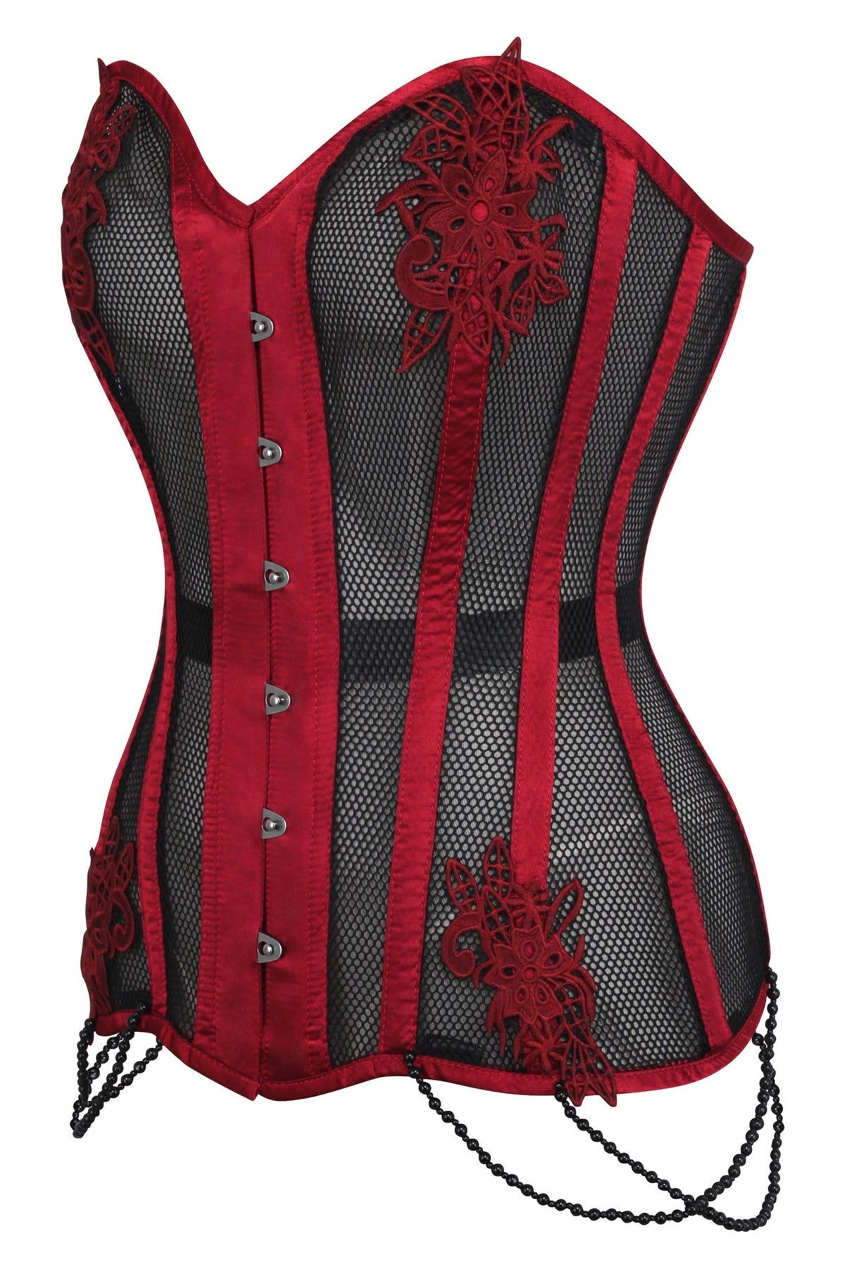Burgundy With Black Mesh And Lace Appliqué Waist Taming Overbust Corset