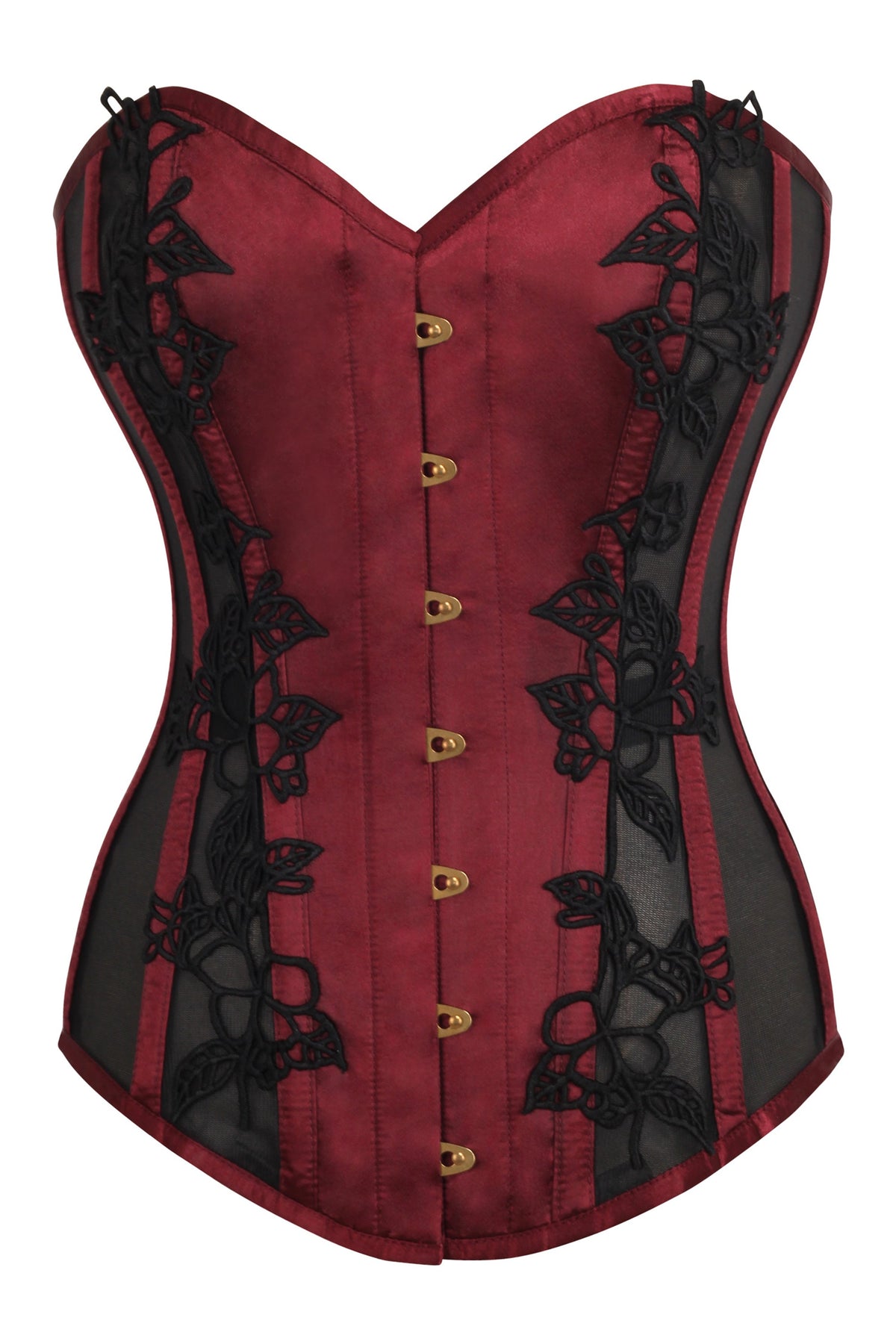 Burgundy Longline Overbust Corset With Black Lace And Mesh Panels