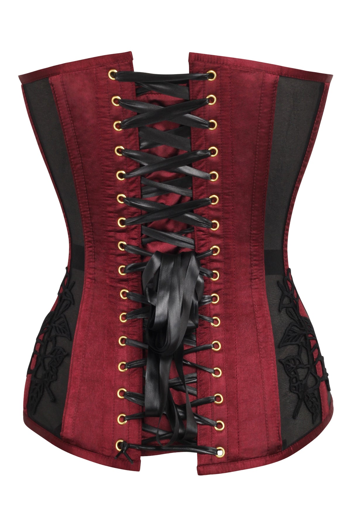 Burgundy Longline Overbust Corset With Black Lace And Mesh Panels