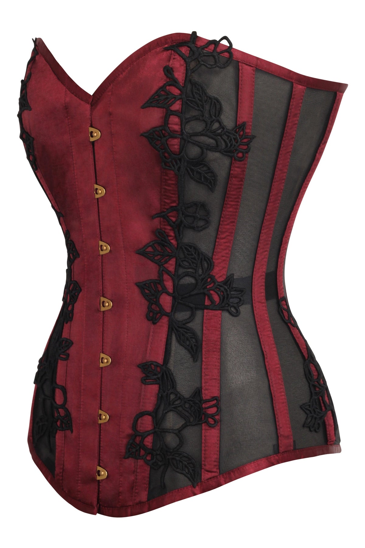 Burgundy Longline Overbust Corset With Black Lace And Mesh Panels