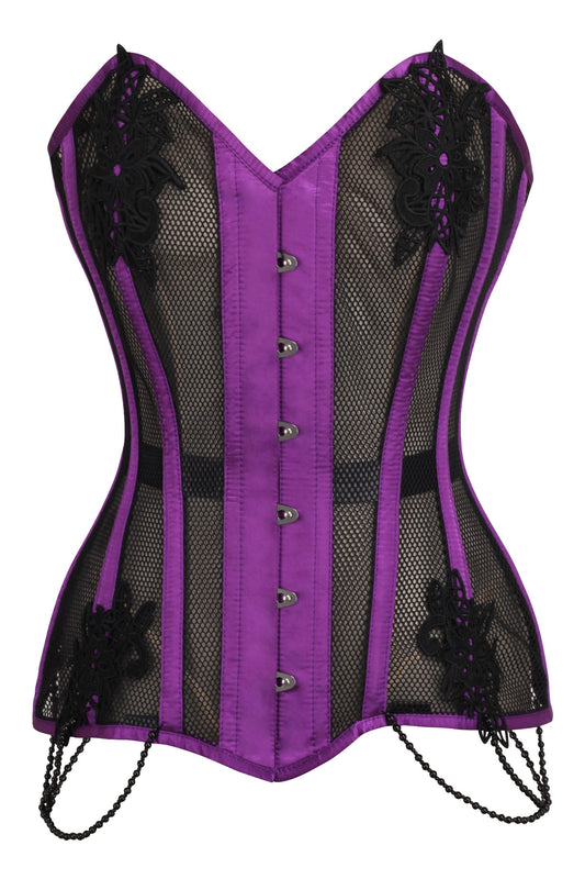 Purple Mesh And Lace Appliqué Waist Taming Overbust Corset