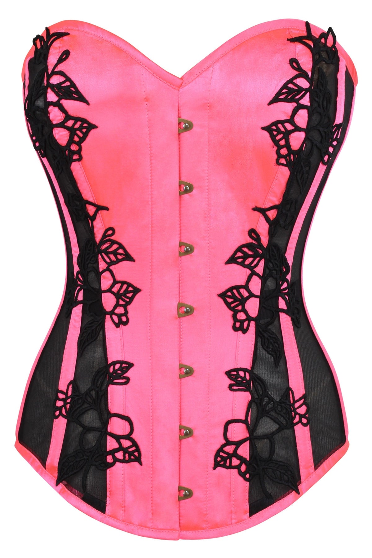 Hot Pink Longline Overbust Corset With Black Lace And Mesh Panels