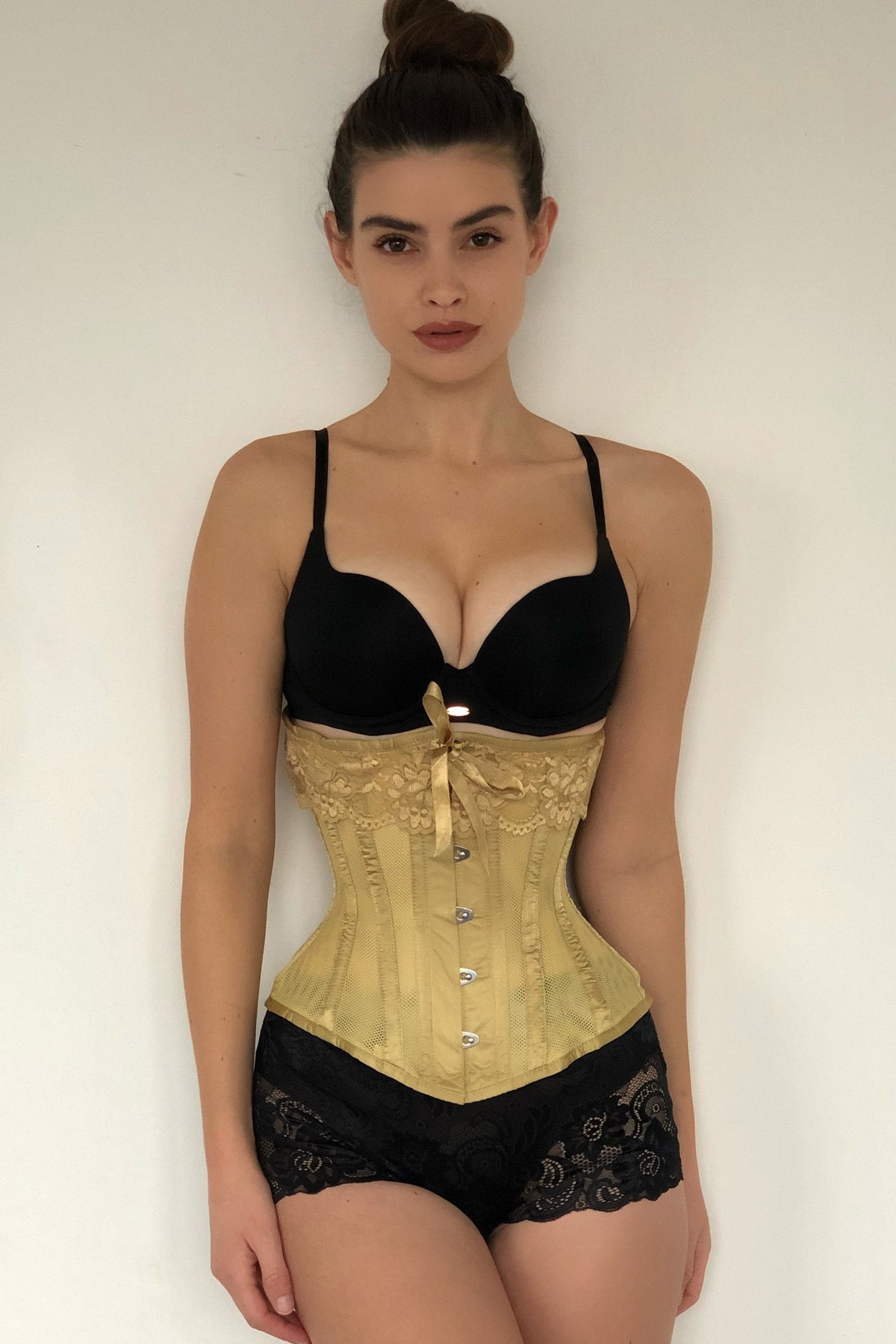 Gold Satin Bridal Corset With Super Fine Mesh Panels