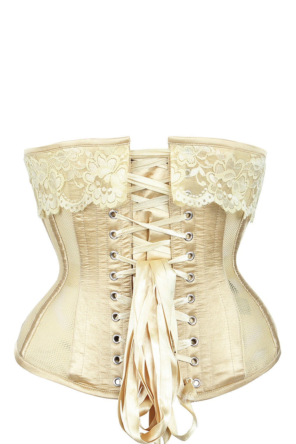 Gold Satin Bridal Corset With Super Fine Mesh Panels