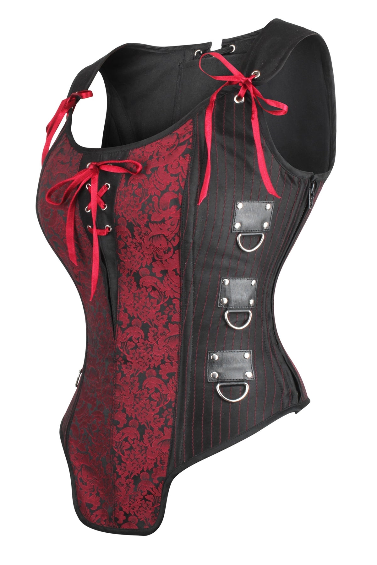 Red And Black Steampunk Overbust Corset With Shoulder Straps