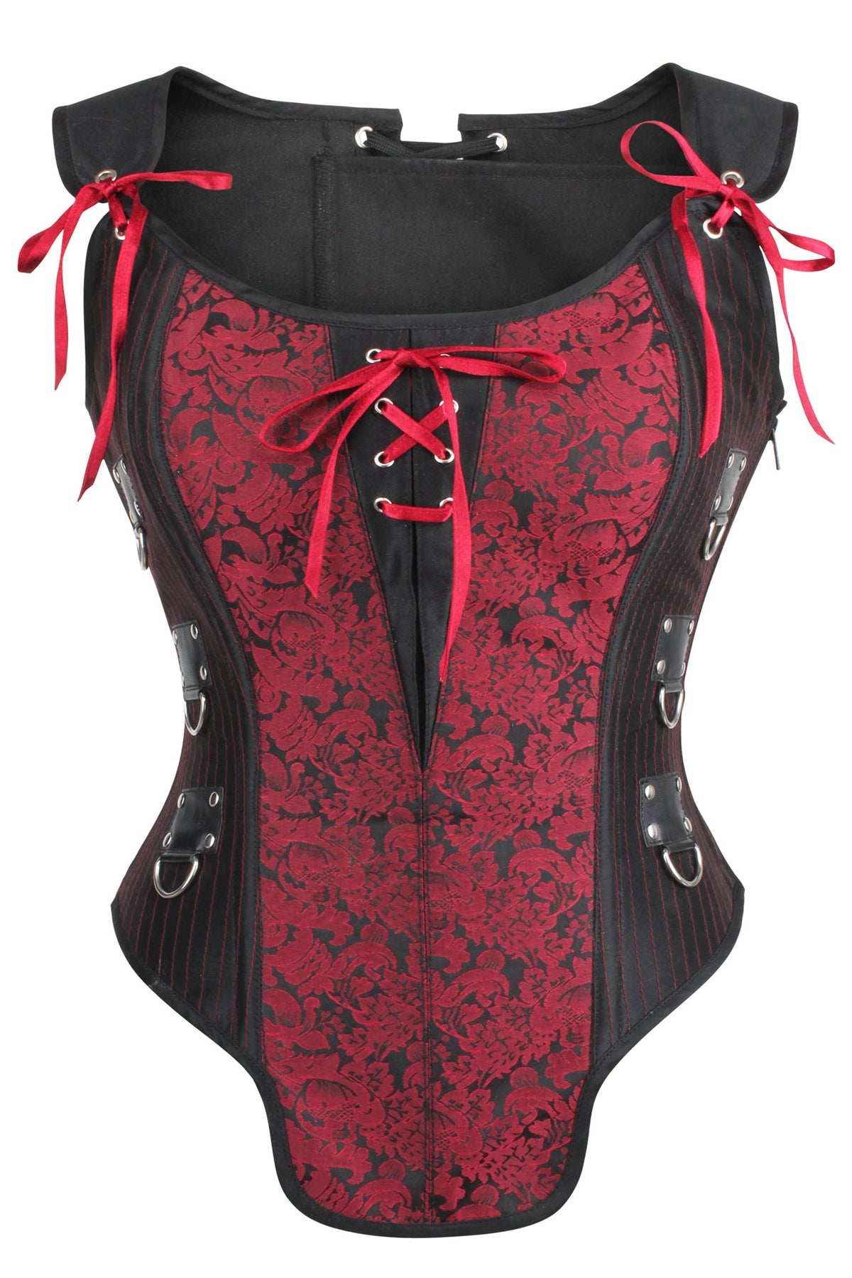 Red And Black Steampunk Overbust Corset With Shoulder Straps