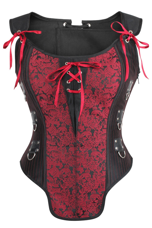 Red And Black Steampunk Overbust Corset With Shoulder Straps
