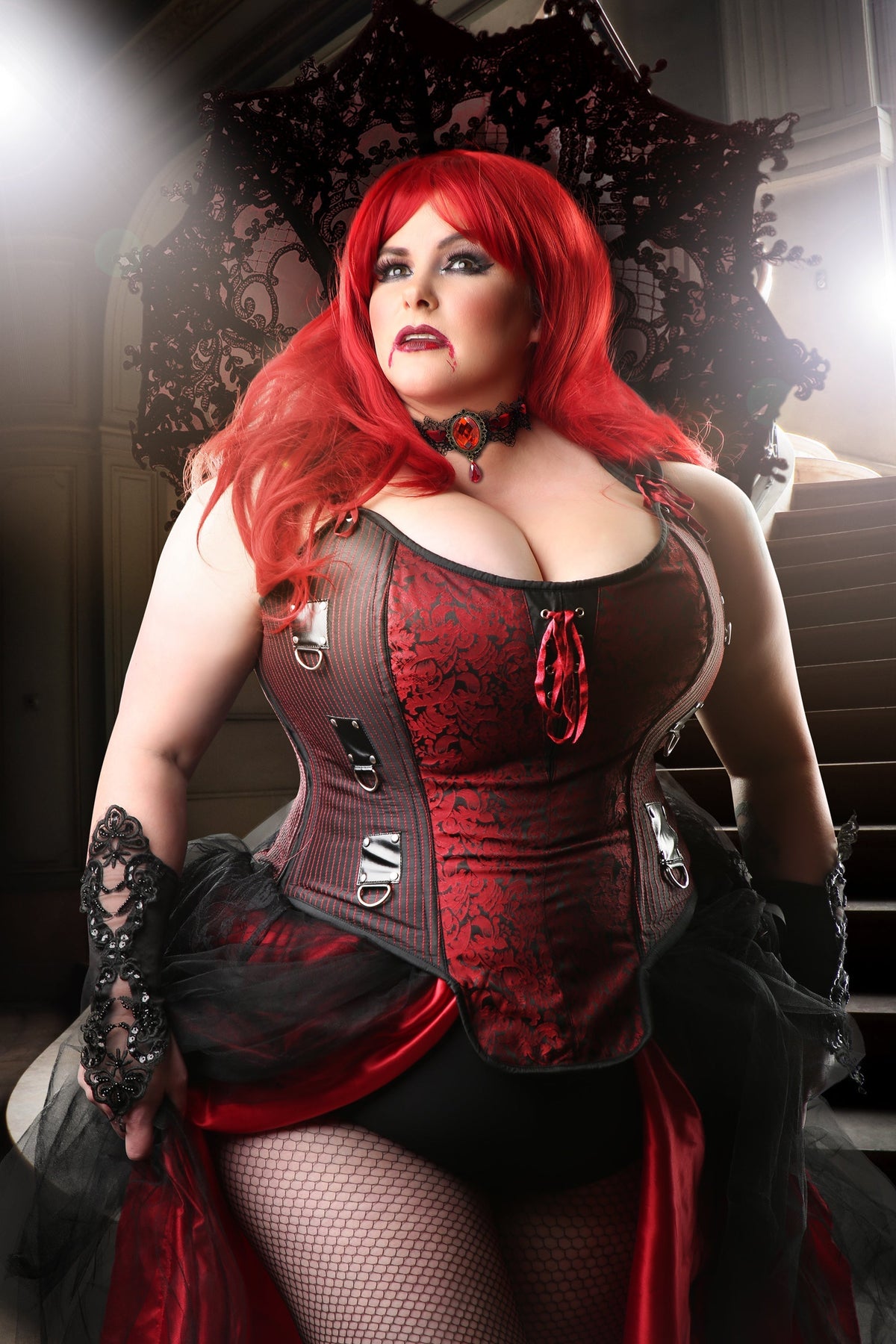 Red And Black Steampunk Overbust Corset With Shoulder Straps