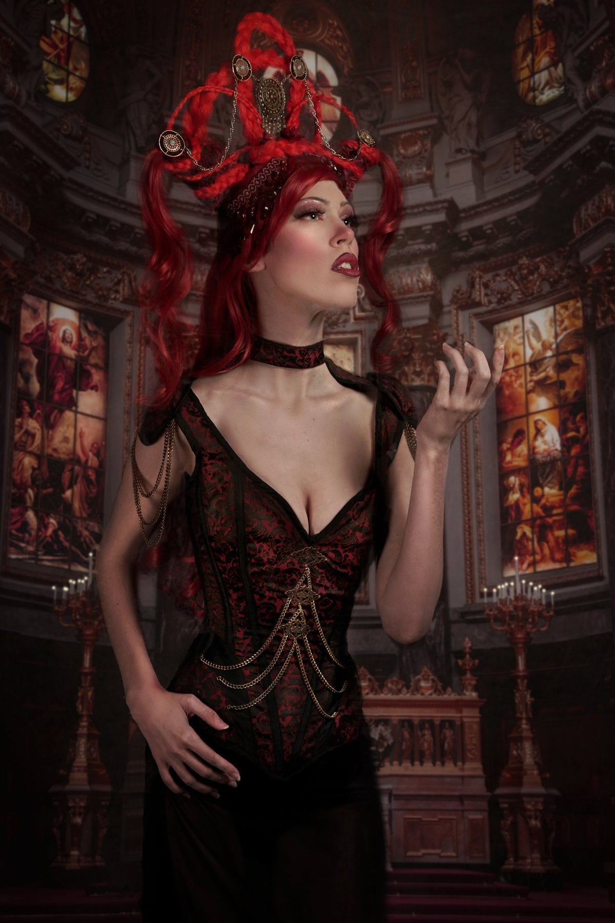 Red Brocade Closed Front Epaulettes Corset