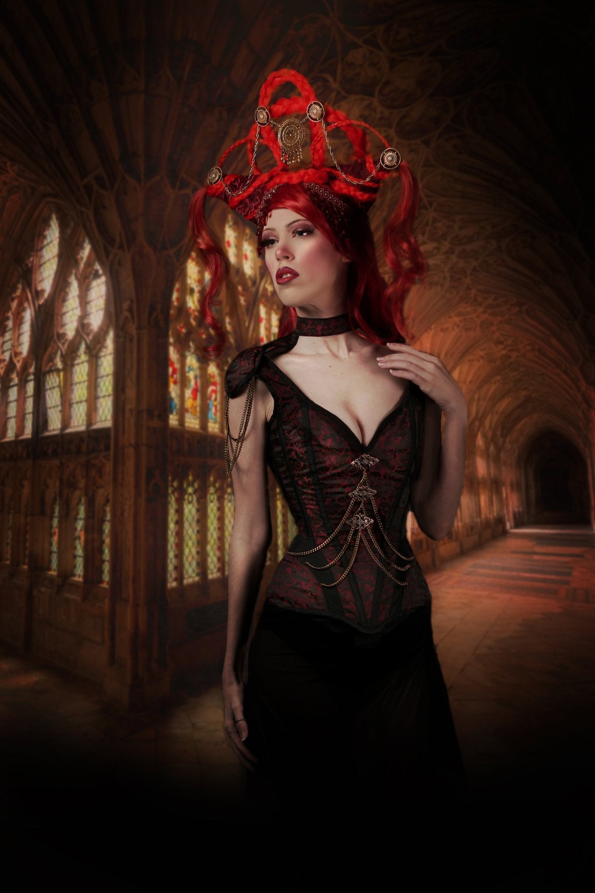 Red Brocade Closed Front Epaulettes Corset
