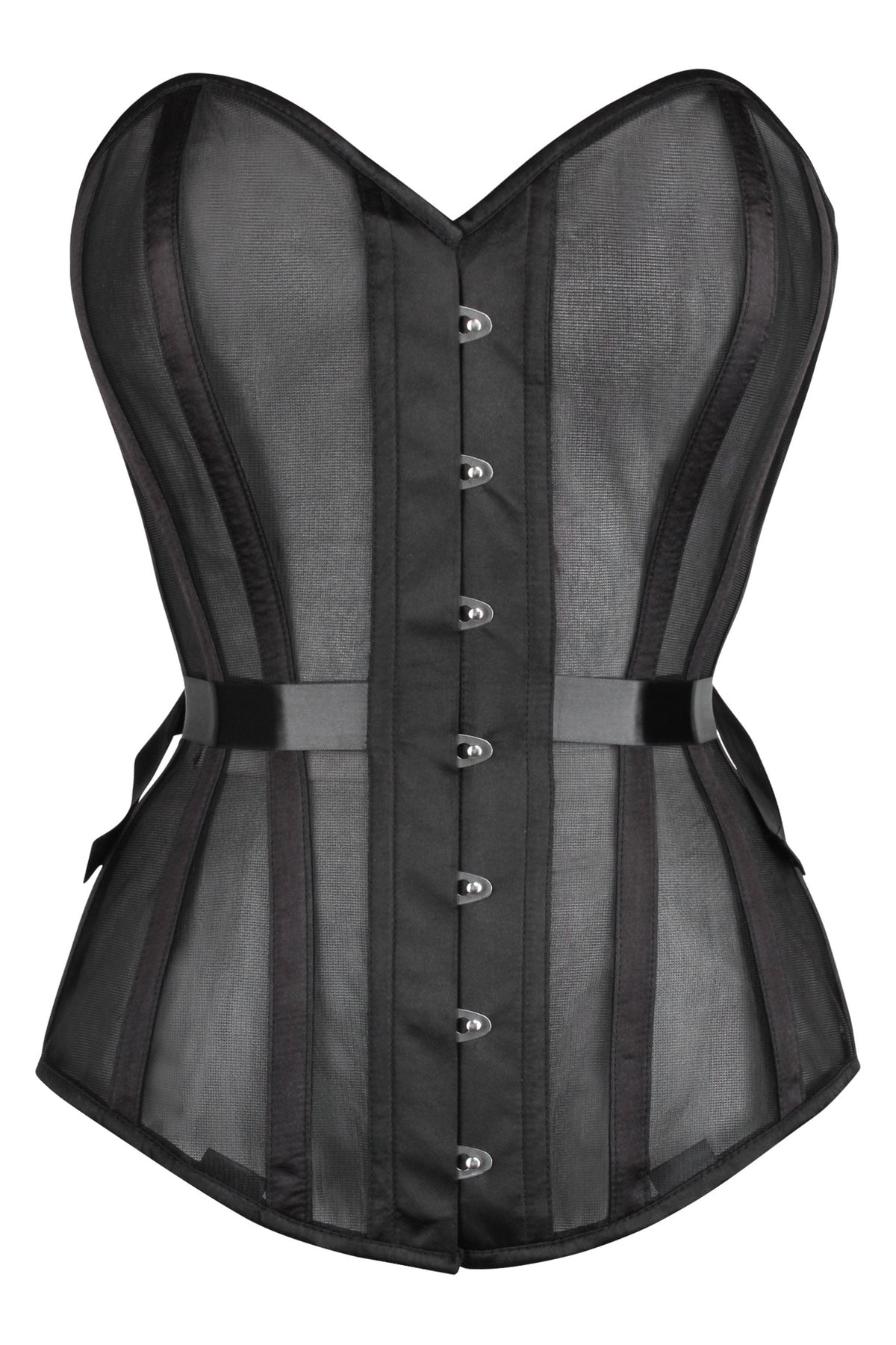 Black Longline Overbust Mesh Corset With Fan Ribbon Lacing