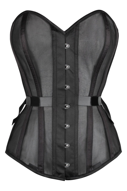 Black Longline Overbust Mesh Corset With Fan Ribbon Lacing
