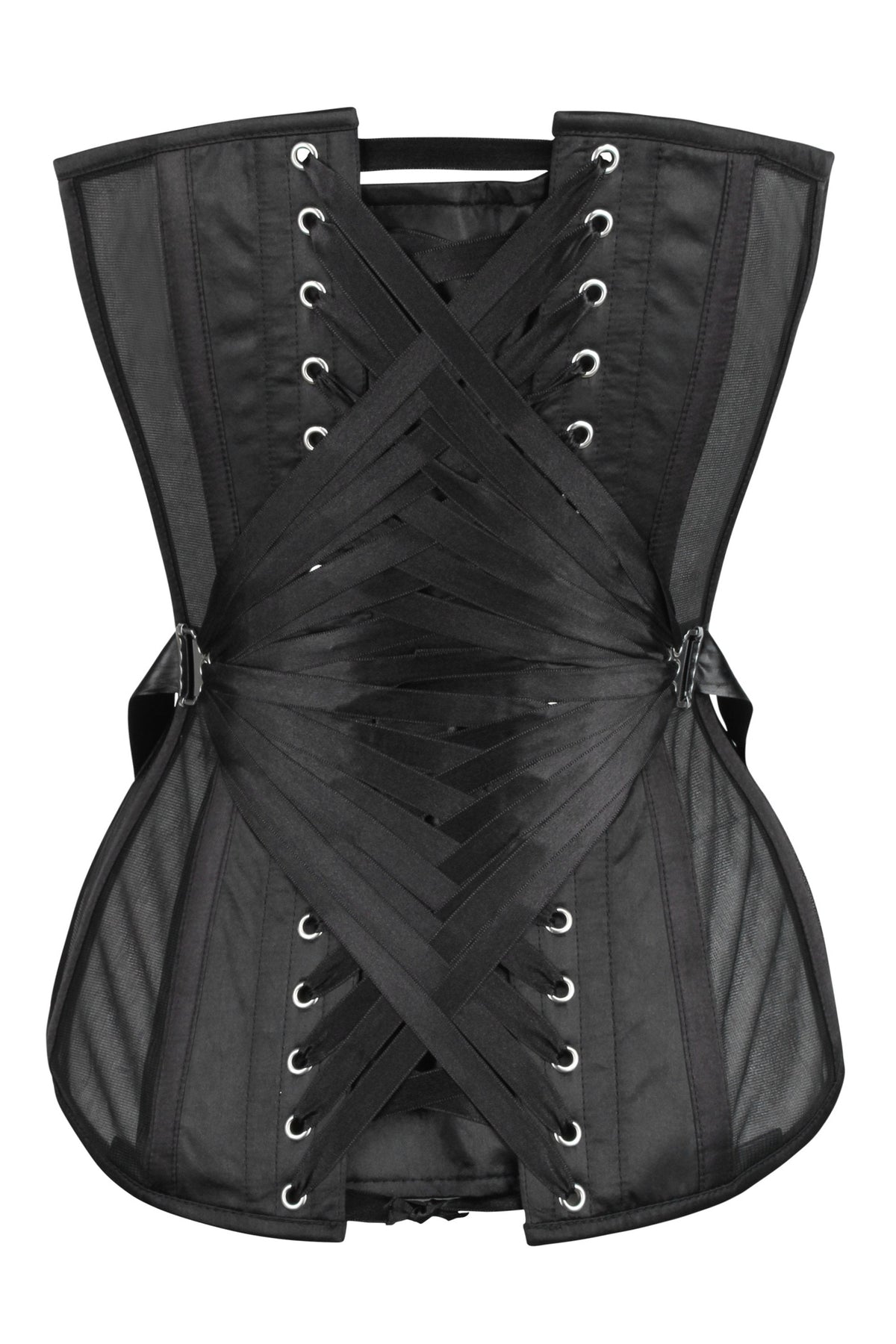 Black Longline Overbust Mesh Corset With Fan Ribbon Lacing