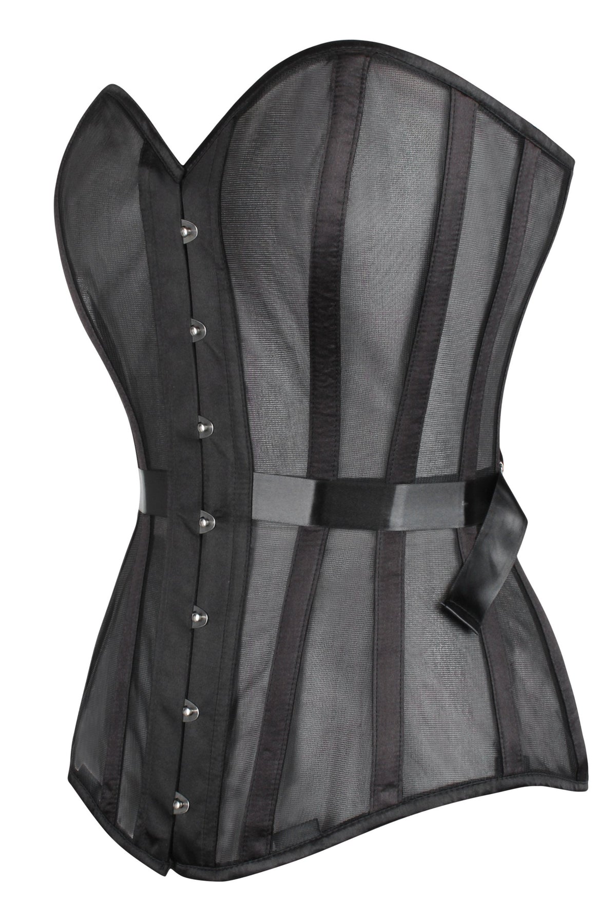 Black Longline Overbust Mesh Corset With Fan Ribbon Lacing