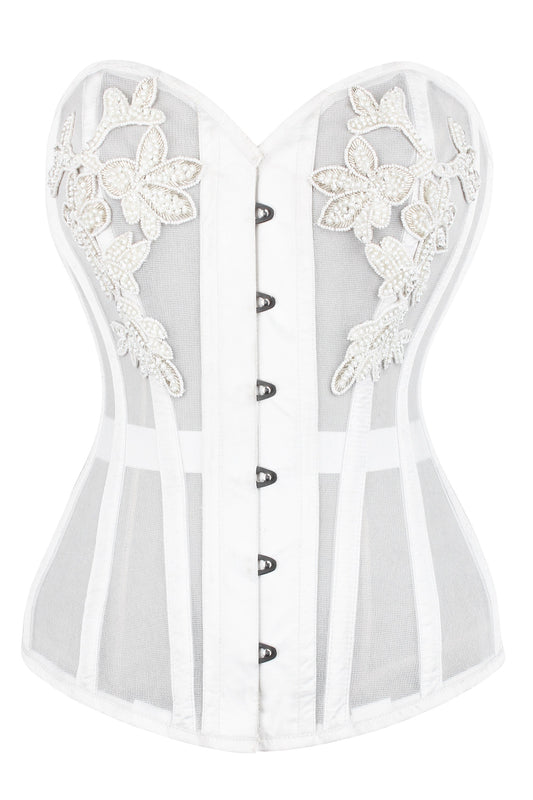 WHITE MESH AND LACE APPLIQUÉ CORSET