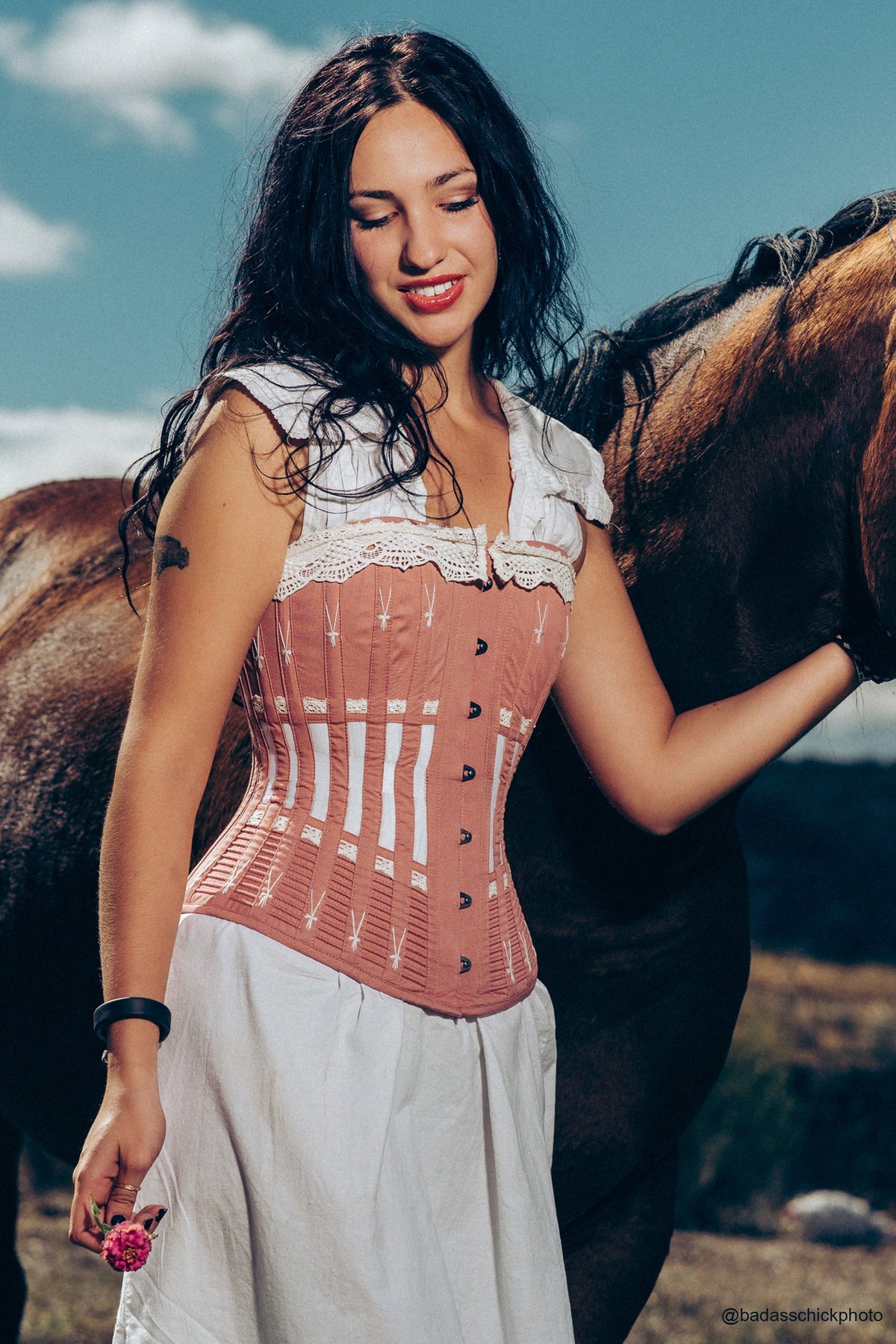 Historically Inspired Terracotta Longline Corset With Lace And Ribbing