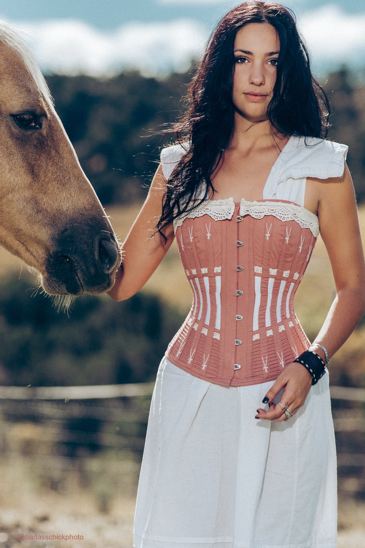 Historically Inspired Terracotta Longline Corset With Lace And Ribbing
