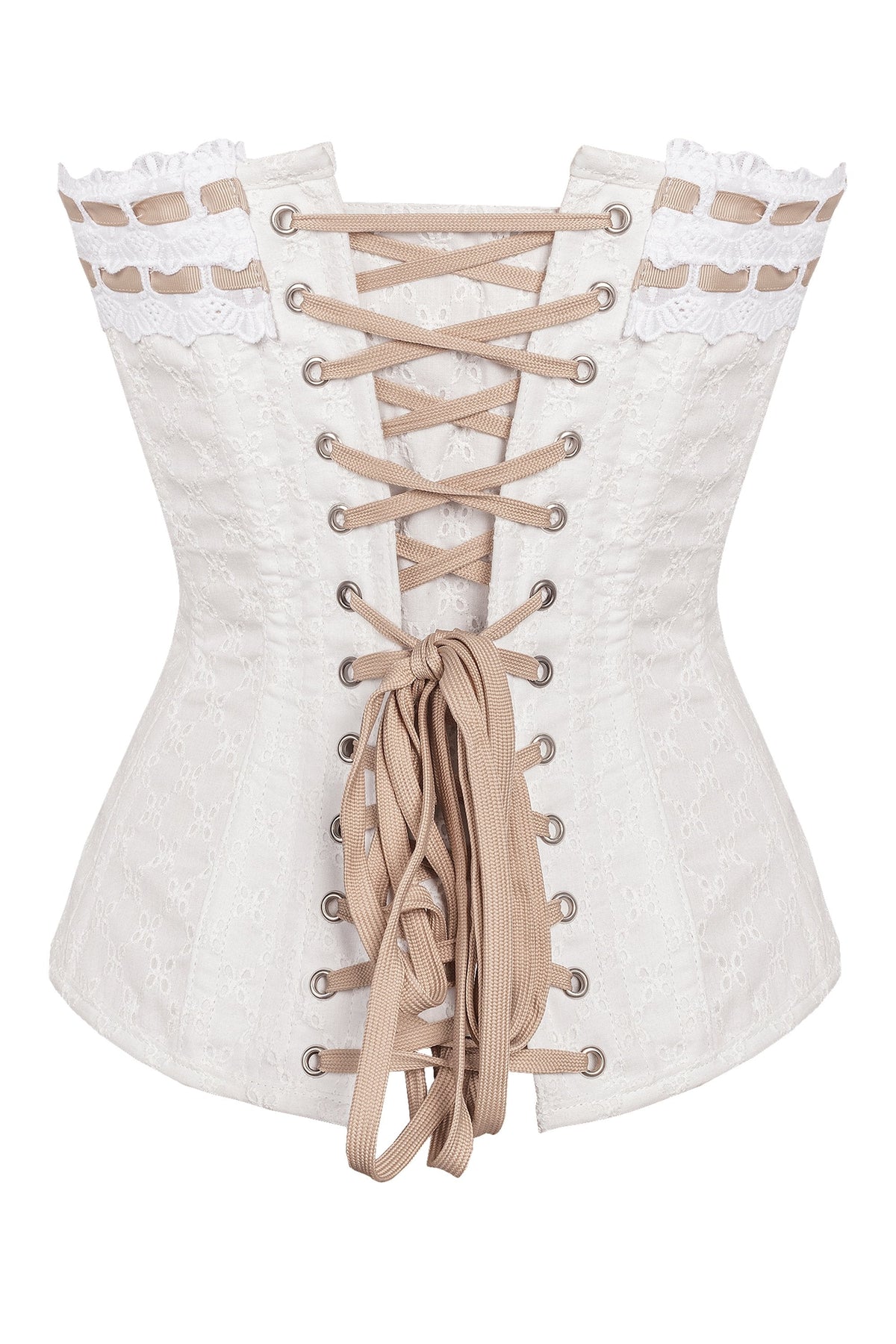Vintage Inspired Straight Line Overbust With Ribbon Woven Through Lace Trim - Champagne