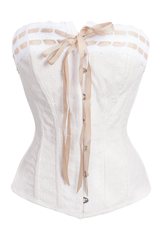 Vintage Inspired Straight Line Overbust With Ribbon Woven Through Lace Trim - Champagne