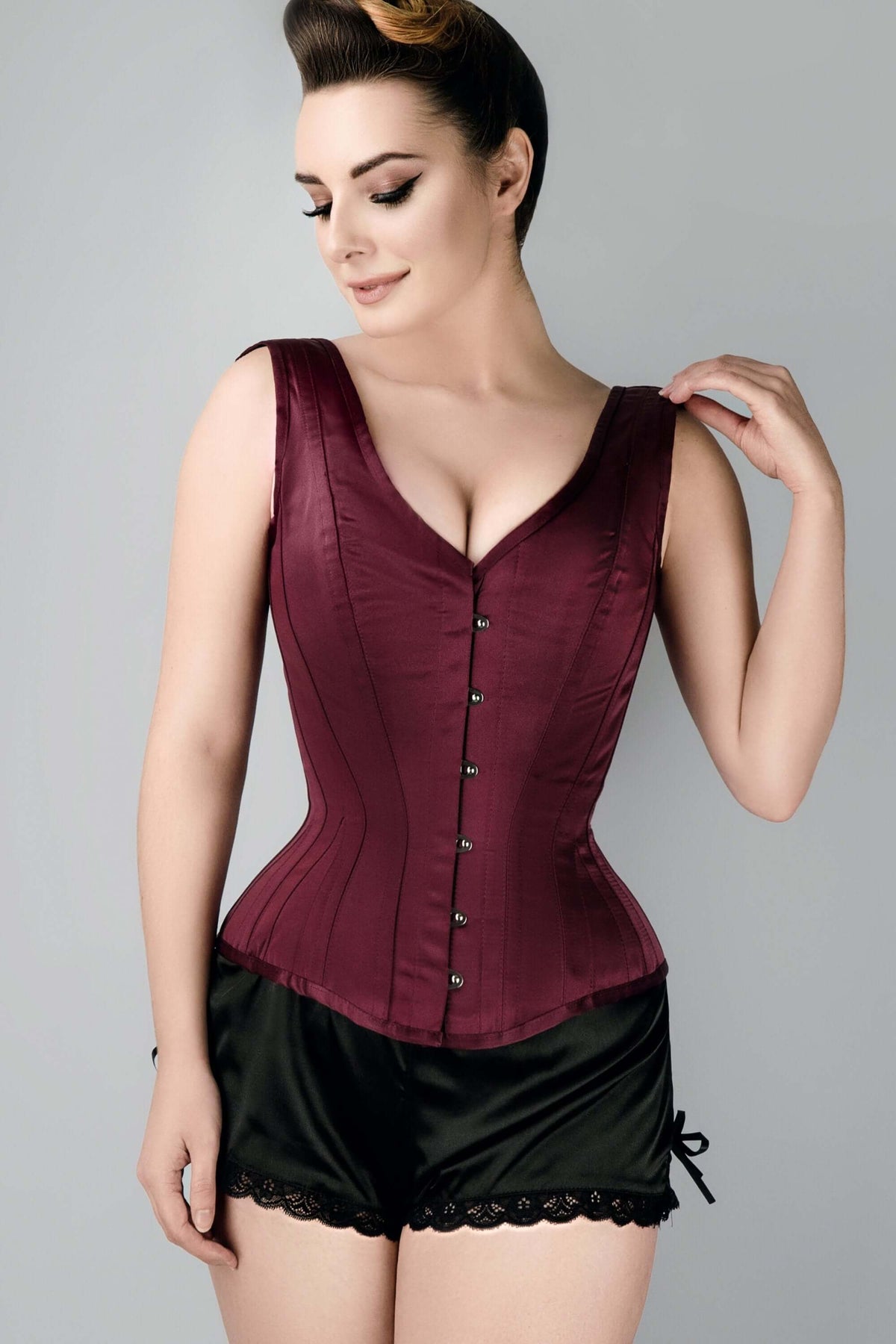 Burgundy V Neck Waist Taming Overbust With Straps