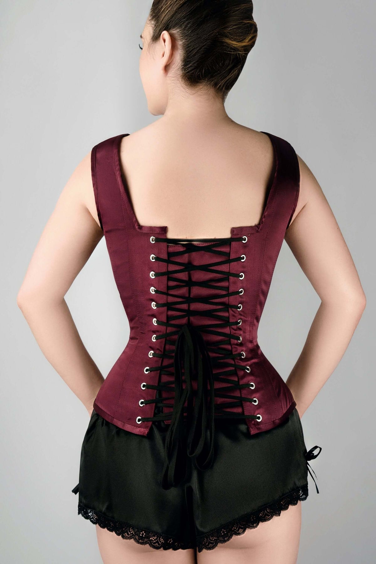 Burgundy V Neck Waist Taming Overbust With Straps